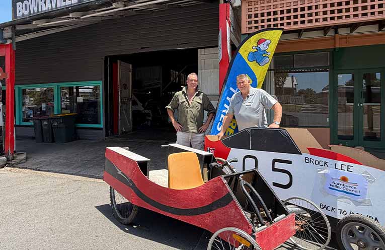 Gearing up for Back to Bowra are Nambucca Valley Deputy Mayor James Angel and Mayor Gary Lee, with their billy carts freshly scrutineered and deemed safe to race on Saturday 15 November.