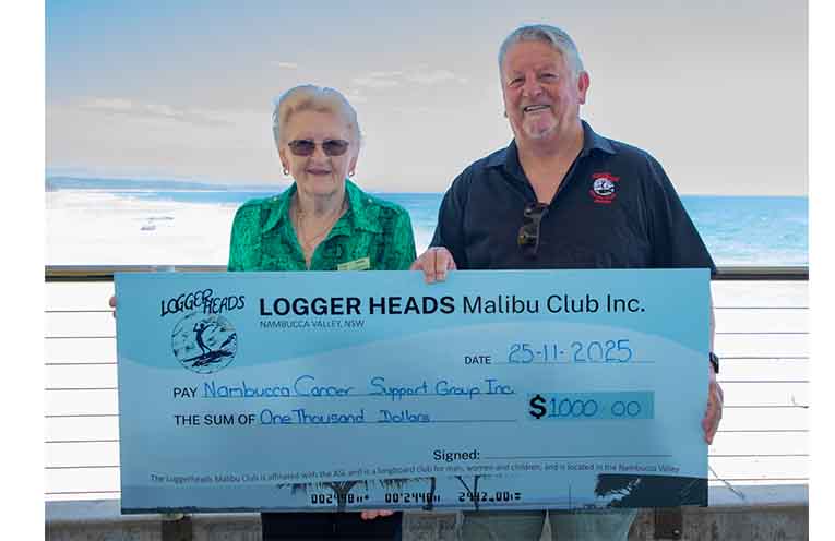 Irene Rowsell from the Nambucca Valley Cancer Support Group Inc accepted the donation from LoggerHeads President Barry Jagoe.