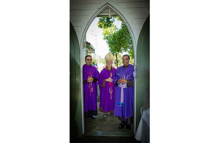 The Very Reverend Bishop Greg Homeming, Bishop of Lismore, Father Peter Rebello and Father Vinod Lobo enter the King Catholic Church at Taylors Arm.