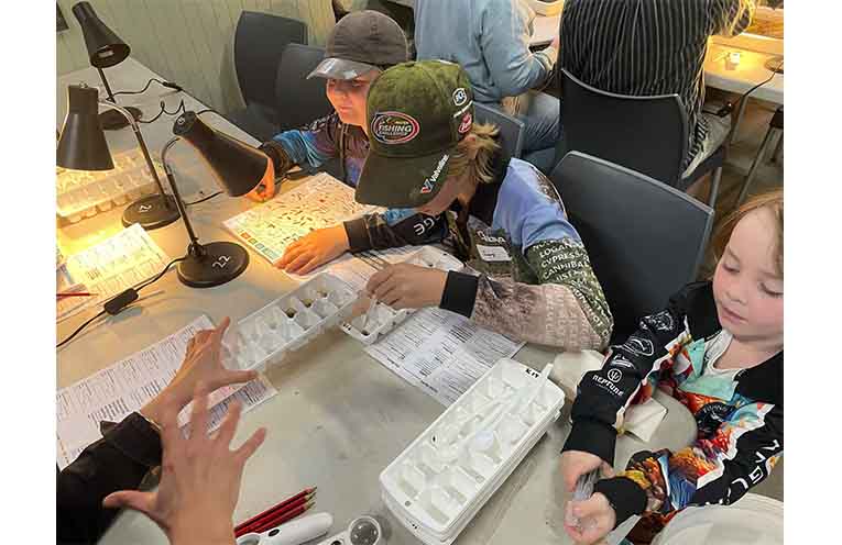 Children help scientists and volunteers sort through the macroinvertebrates found during Macro Muster 10 at Bellingen Showground. Photo: NVC.