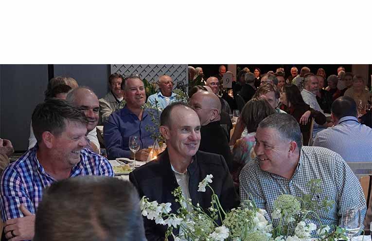 Nambucca Golf Club general manager Johnathon Zirkler, guest speaker Paul Gow and Nambucca Heads professional Paul Habgood share a joke at the club's centenary dinner.