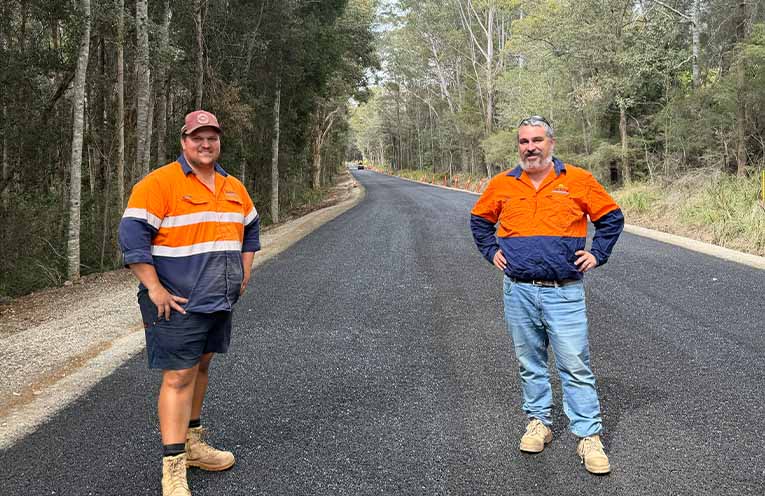 Nambucca Valley Council’s work crew team members Jack Edwards and Tim Morison at the Grassy Head Road site. Photo: NVC.