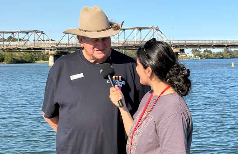 Youth Media Crew volunteer, Samara Satyanand, interviewed Nambucca Valley Mayor Gary Lee at the festival on Saturday. Photo: Supplied.