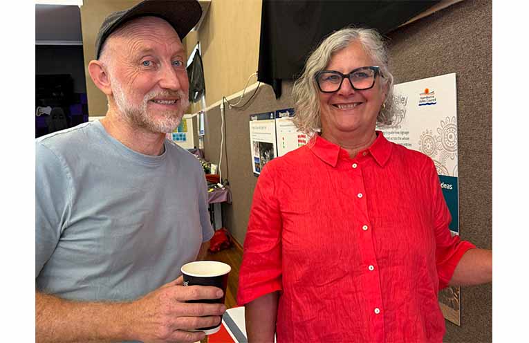 Nambucca Valley Council Deputy Mayor Susan Jenvey discussing with Ben Walters the potential locations being considered for a splash pad in Bowraville. Photo: NVC.