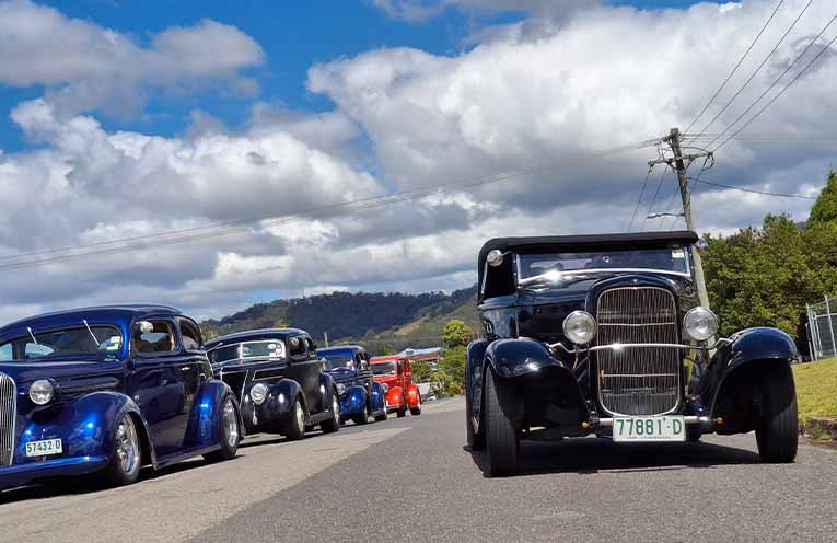 Classic lineup in Bowraville for the Hot Rod meet. Photo: Zephyr Colman.