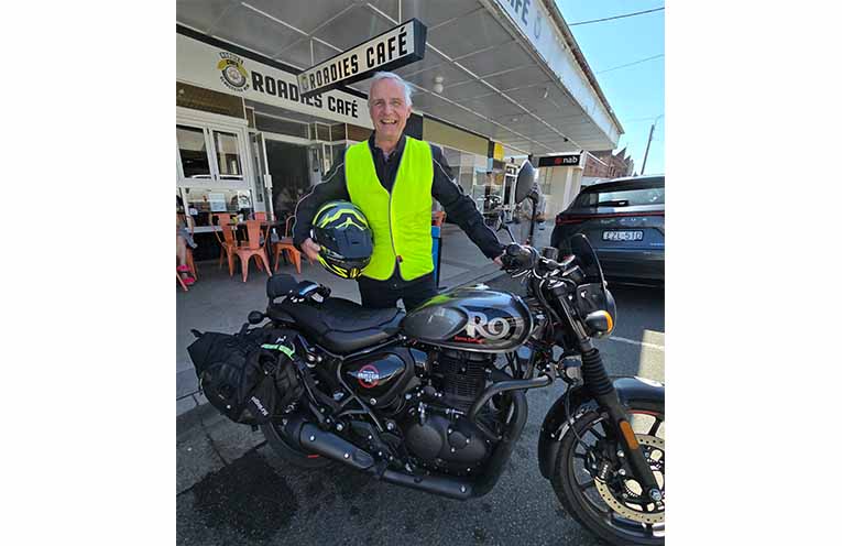 LOOK AGAIN: Brian Beesley in his distinctive Jo Rider vest,encouraging motorists to actively look for motorcycles. Photo: Sonja Duncan.