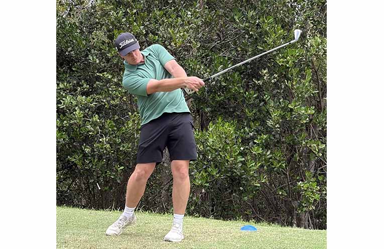 Former AFL Sydney premier league player Brad Harricks has joined Nambucca and the Urunga chippy can send a ball, hence the iron from the tee on 16. Photo: Supplied.