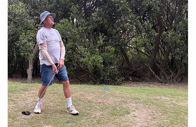 Paul Dyer banked a beverage and a receptacle to keep it cool after holing a downhill slider from afar on the 1st.